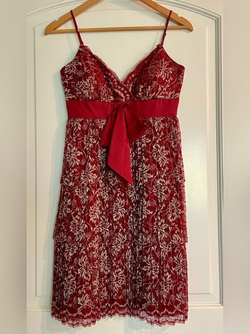 maxandcleo Red Gold Lace Floral Overlay A-Line Knee Length Dress Bow Size 4